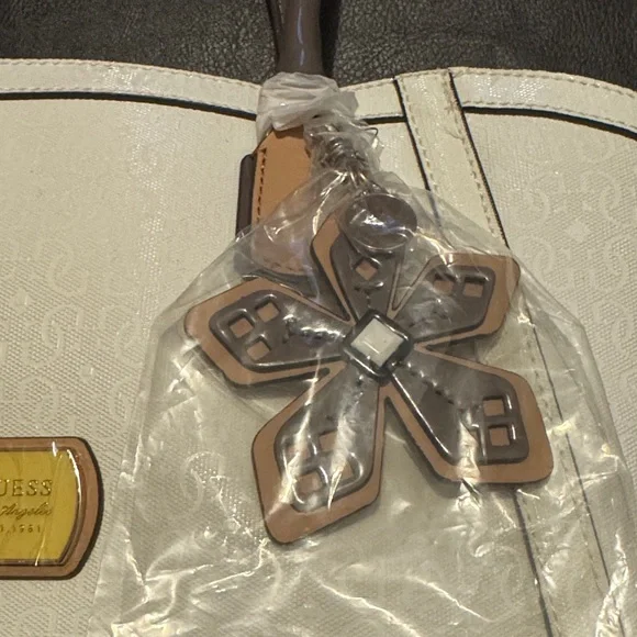NWT GUESS White, Gray and Tan Tote Bag With Plastic Still On Hardware Plus Charm - Picture 2 of 14
